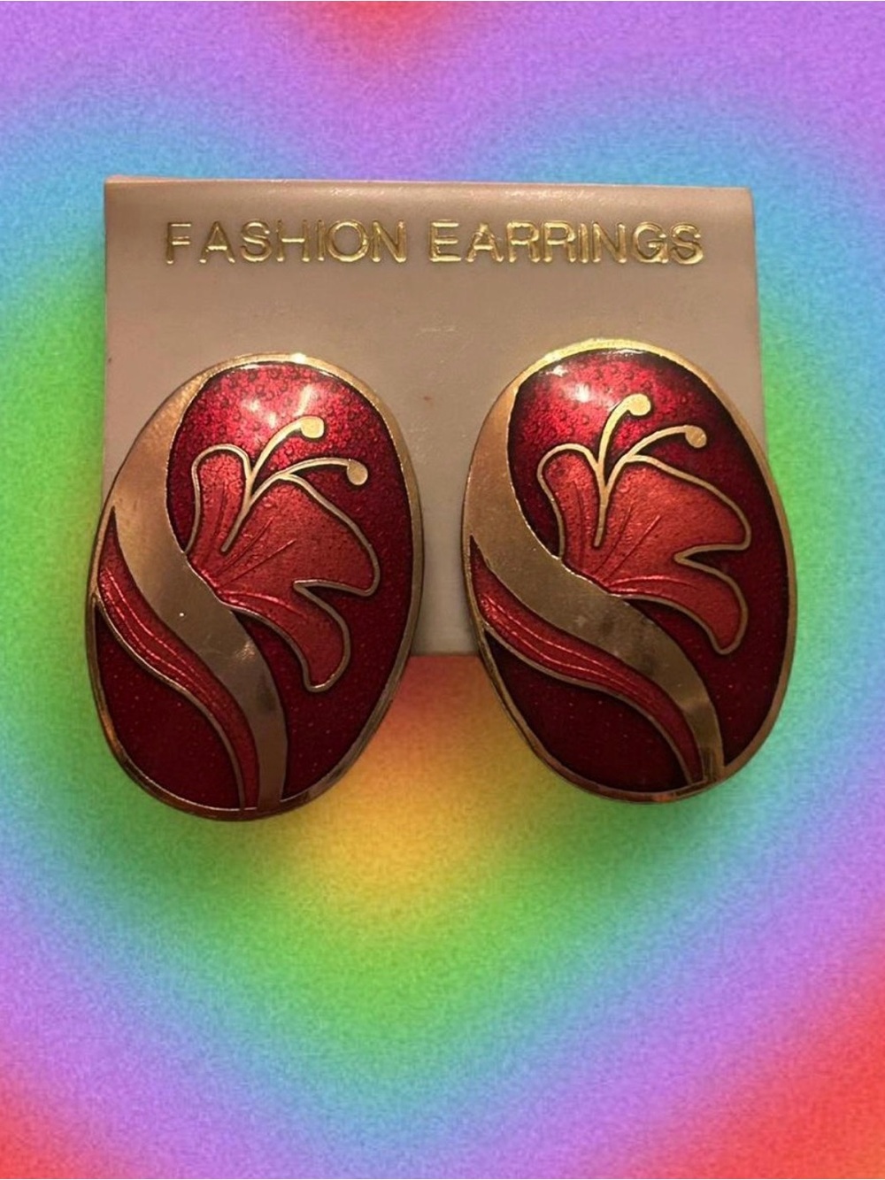 Vintage cloisonne, botanical motif red and gold enamel earrings.